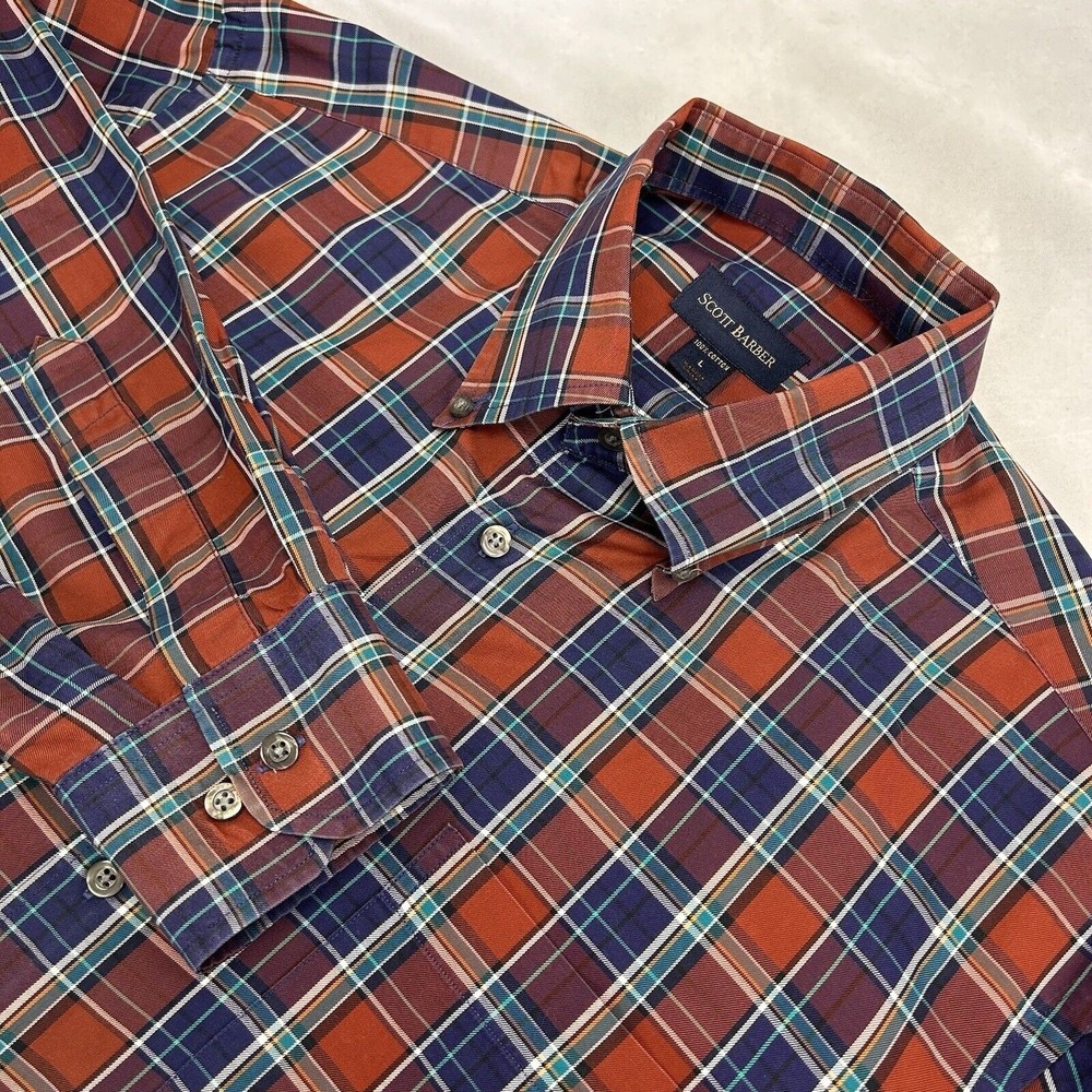 Scott Barber Men's Burgundy Navy Plaid Cotton Long Sleeve Button Down Shirt L - Picture 1 of 4